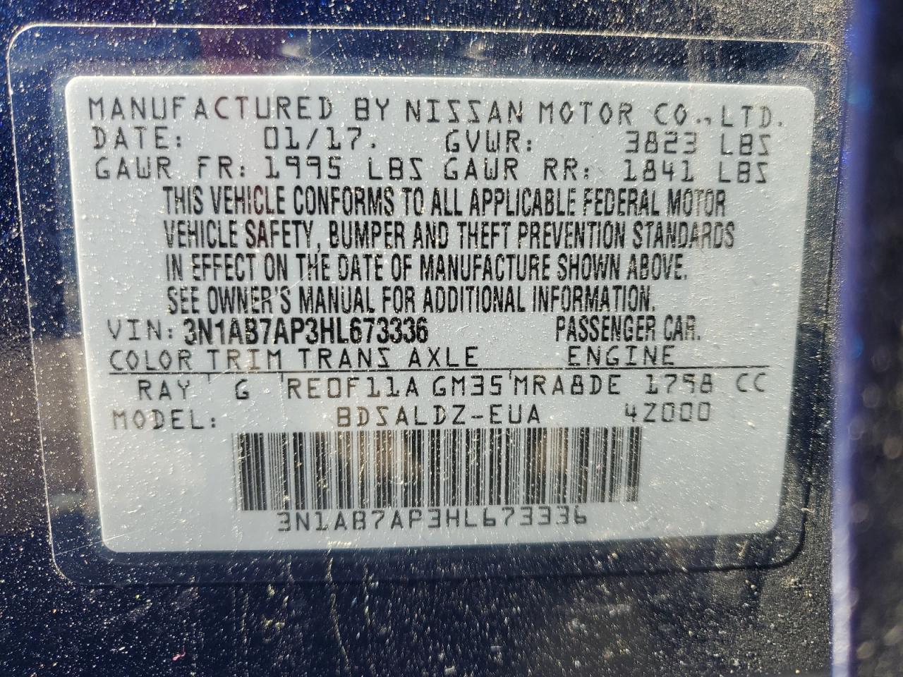 3N1AB7AP3HL673336 2017 Nissan Sentra S