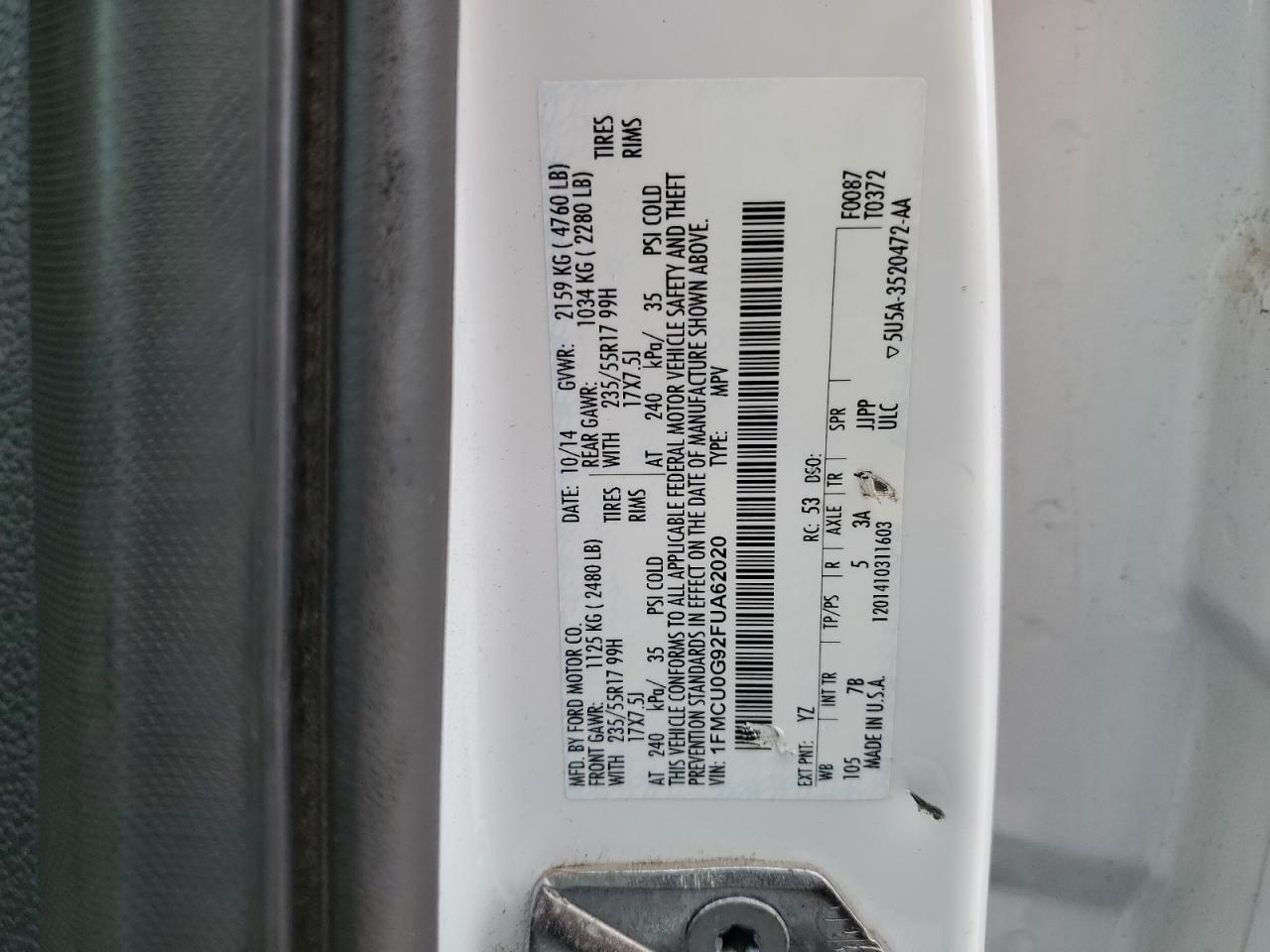 1FMCU0G92FUA62020 2015 Ford Escape Se