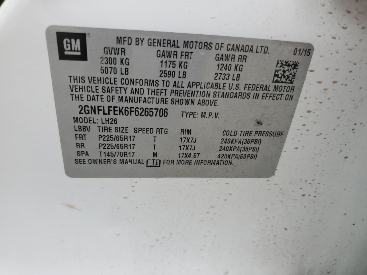 2GNFLFEK6F6265706 2015 Chevrolet Equinox Lt
