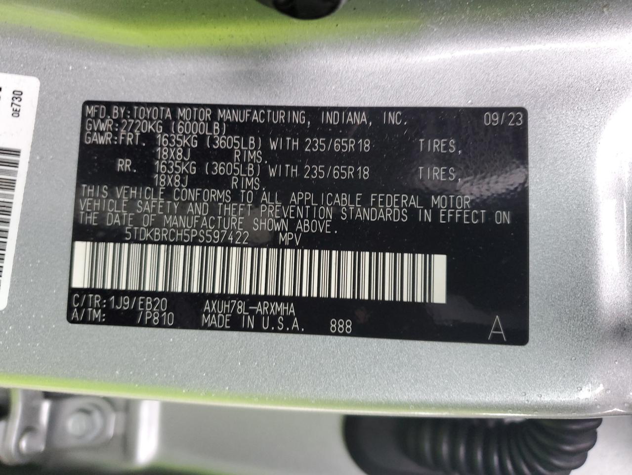 5TDKBRCH5PS597422 2023 Toyota Highlander Hybrid Xle