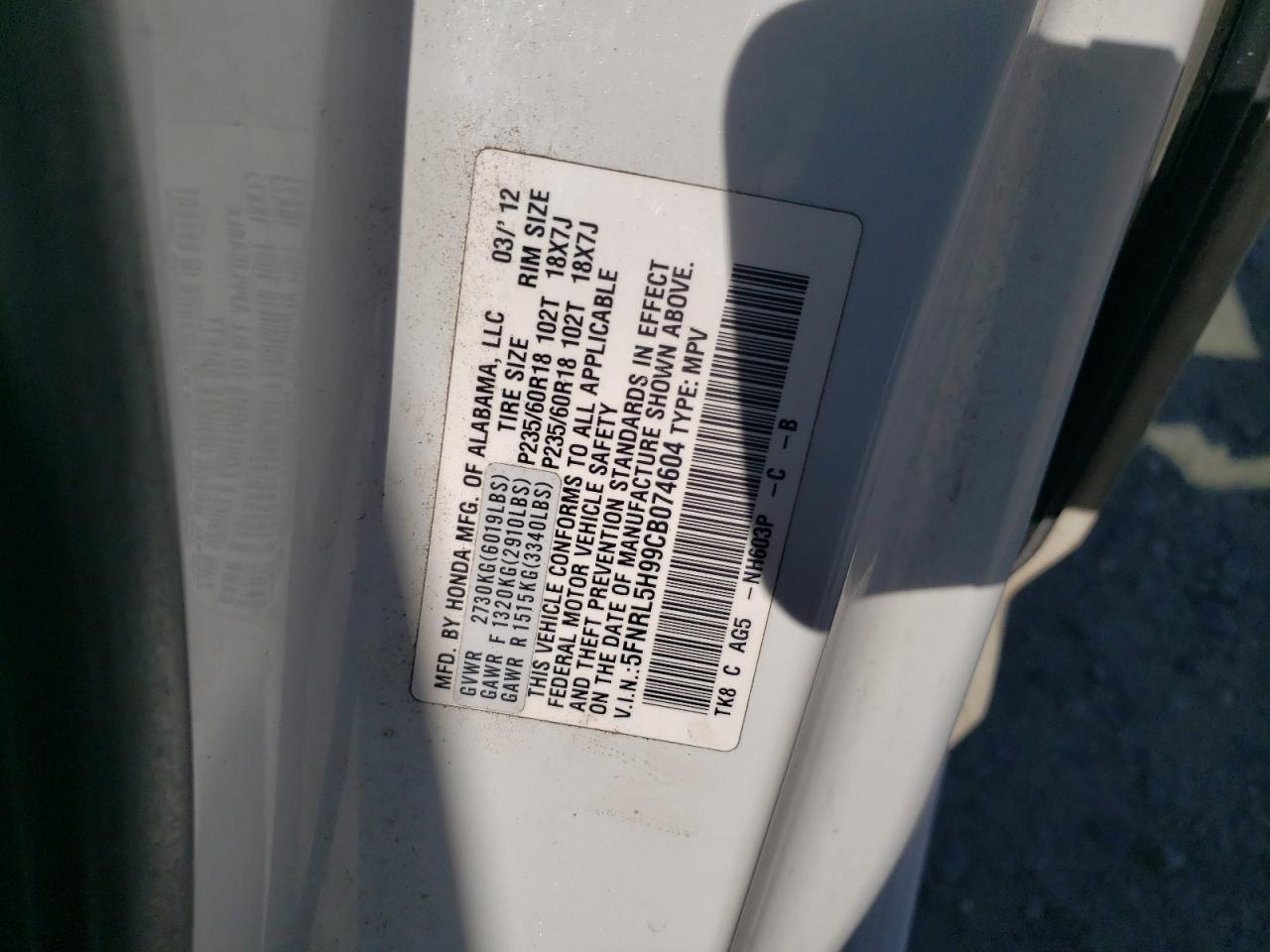 5FNRL5H99CB074604 2012 Honda Odyssey Touring