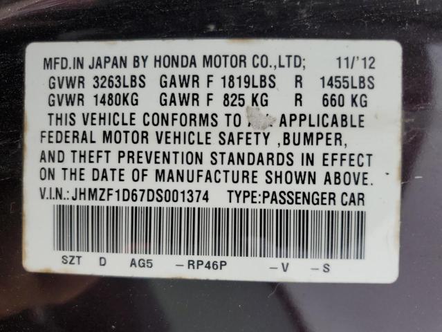 2013 Honda Cr-Z Ex VIN: JHMZF1D67DS001374 Lot: 54678544
