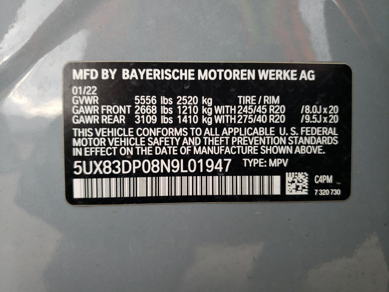 5UX83DP08N9L01947 2022 BMW X3 M40I