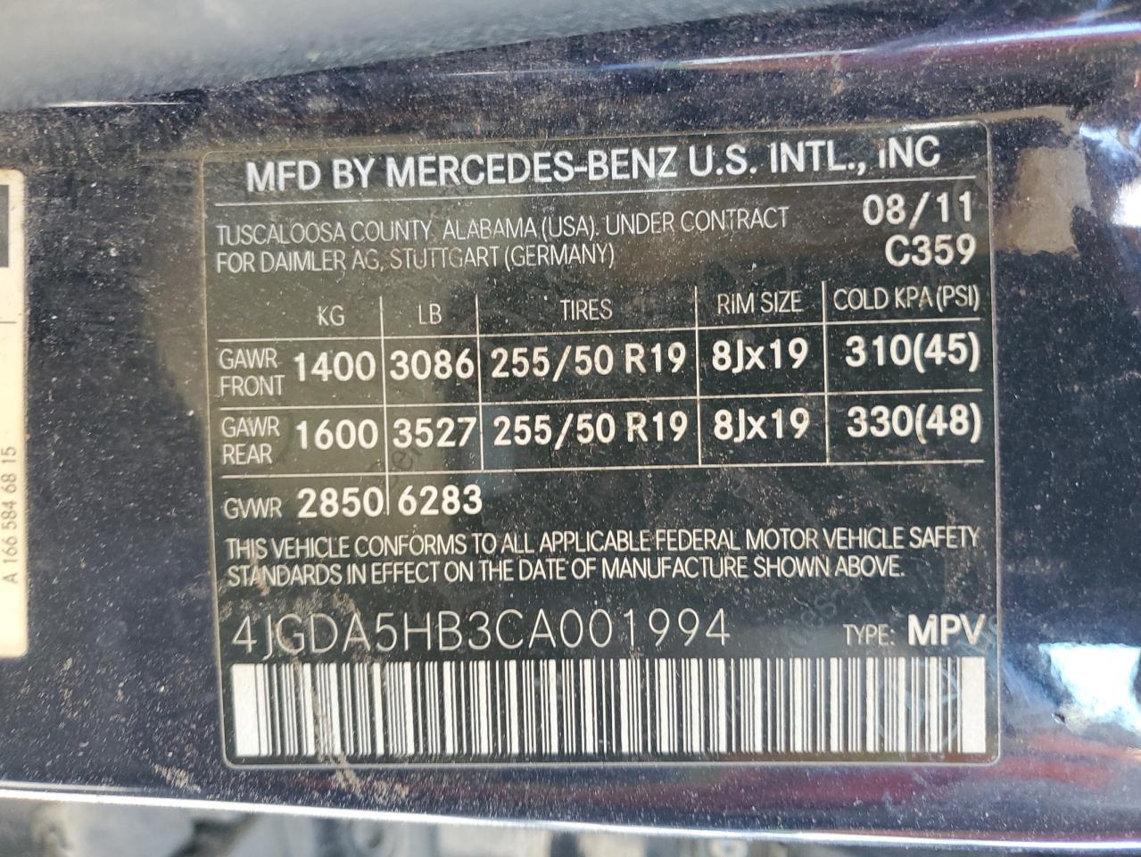 4JGDA5HB3CA001994 2012 Mercedes-Benz Ml 350 4Matic