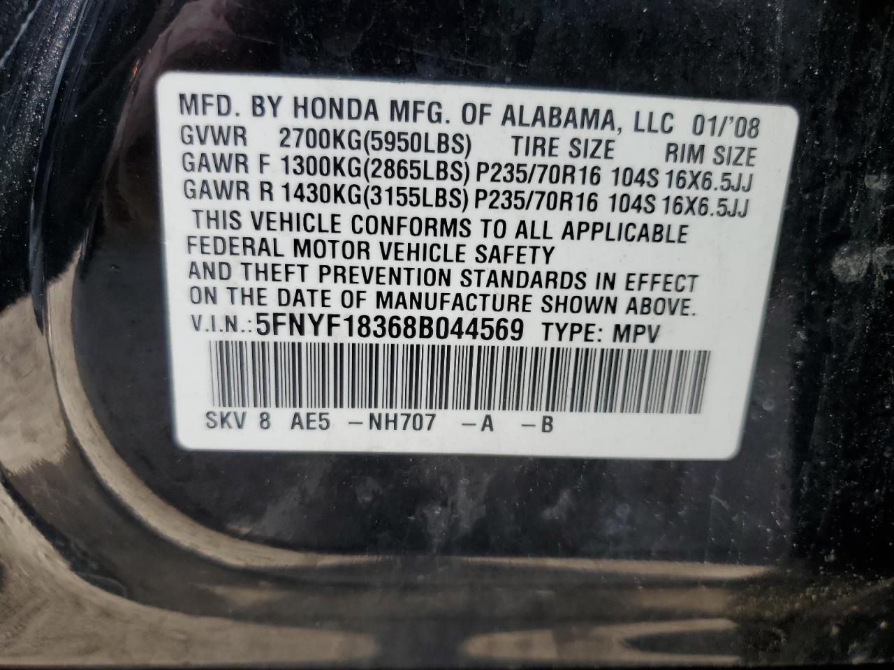 5FNYF18368B044569 2008 Honda Pilot Se