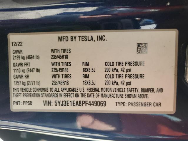 2023 Tesla Model 3 VIN: 5YJ3E1EA8PF449069 Lot: 53428934