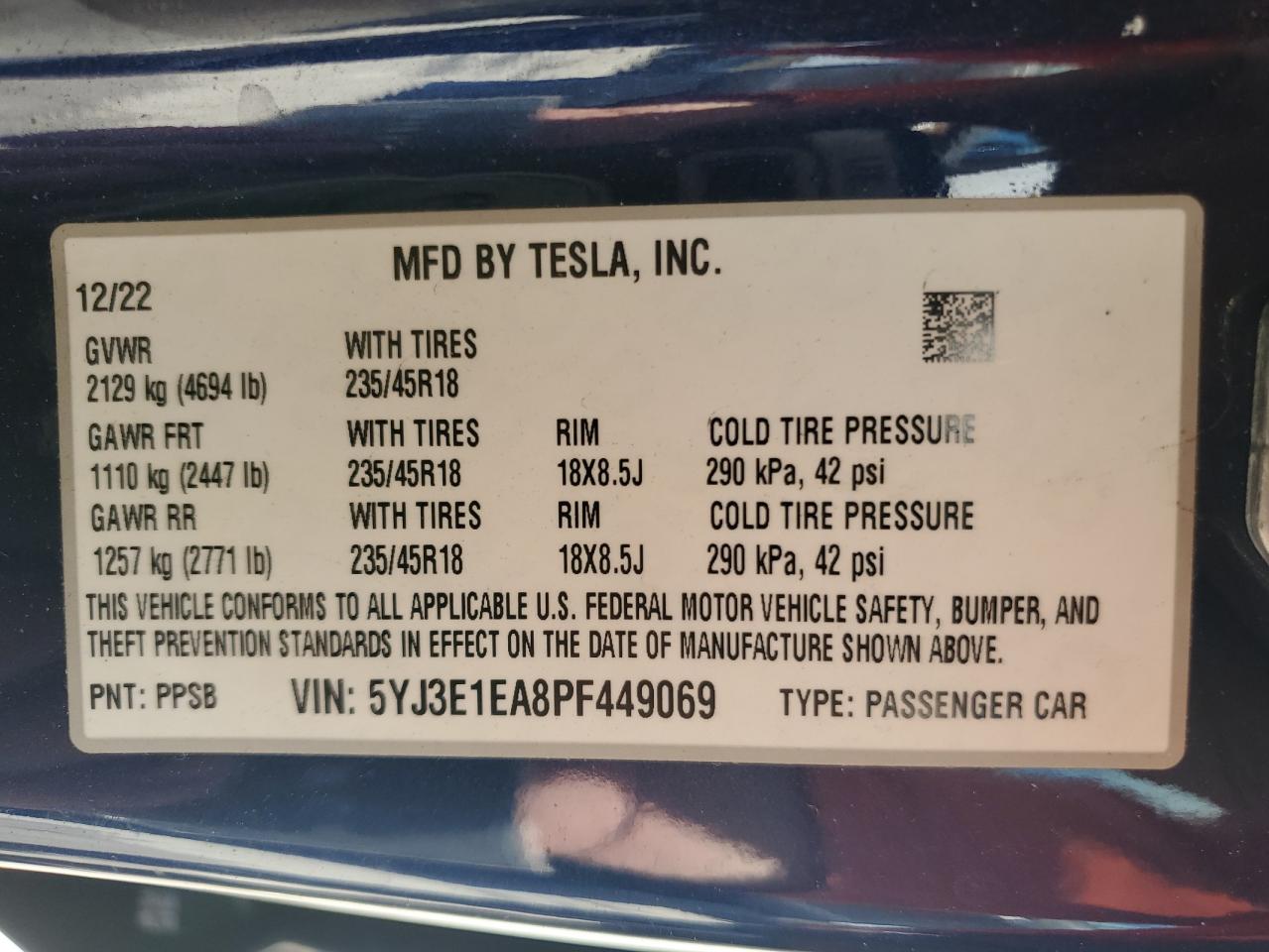 5YJ3E1EA8PF449069 2023 Tesla Model 3