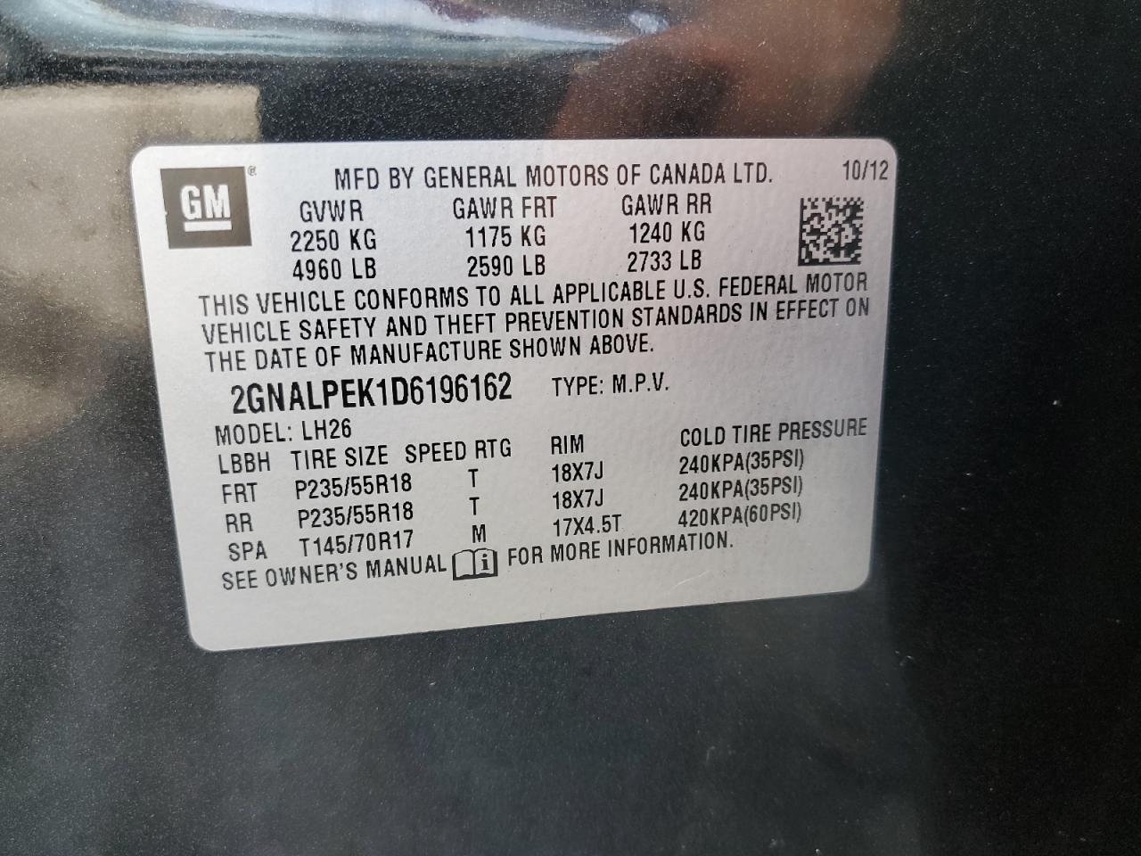 2GNALPEK1D6196162 2013 Chevrolet Equinox Lt