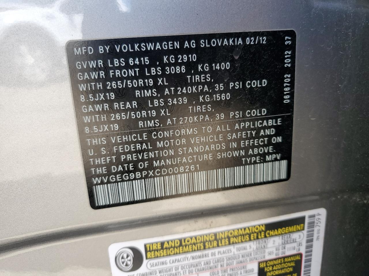 WVGEG9BPXCD008261 2012 Volkswagen Touareg Hybrid