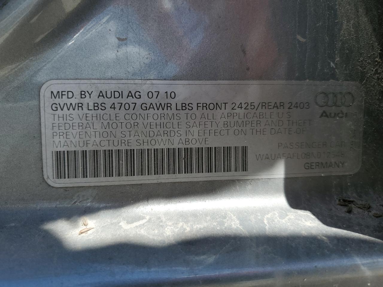 WAUAFAFL0BN012548 2011 Audi A4 Premium