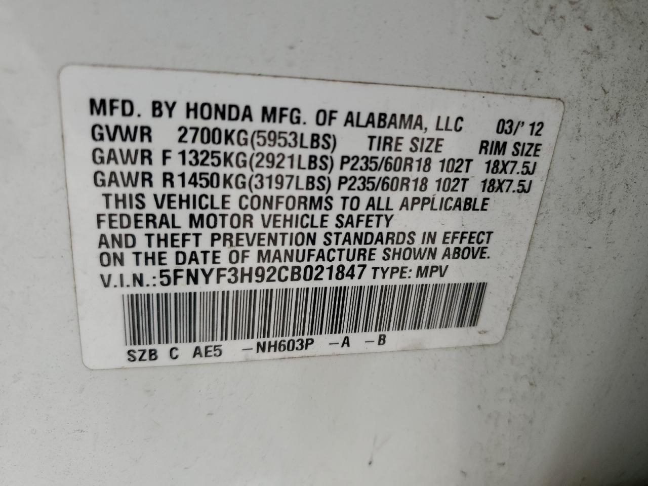 5FNYF3H92CB021847 2012 Honda Pilot Touring