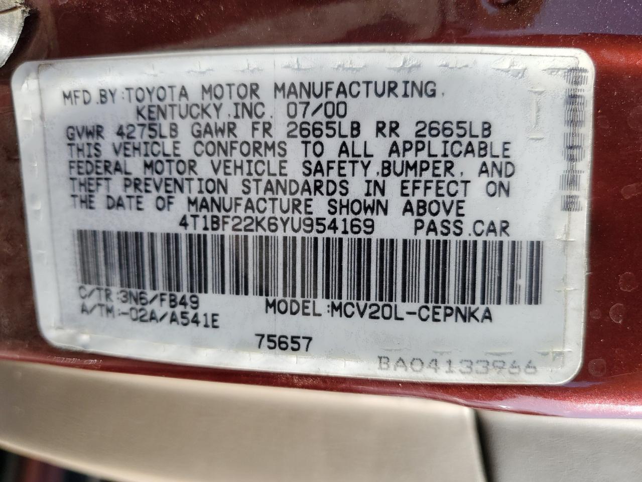 4T1BF22K6YU954169 2000 Toyota Camry Le