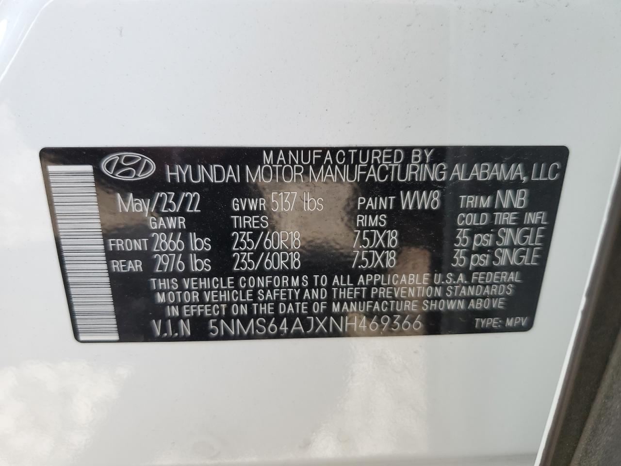 2022 Hyundai Santa Fe Sel vin: 5NMS64AJXNH469366