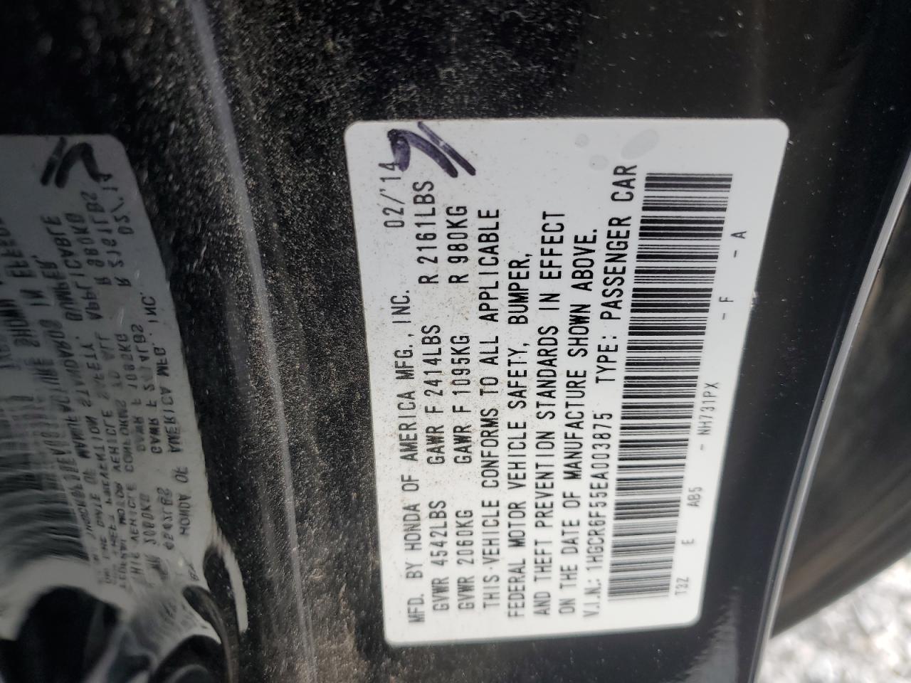 1HGCR6F55EA003875 2014 Honda Accord Hybrid Exl