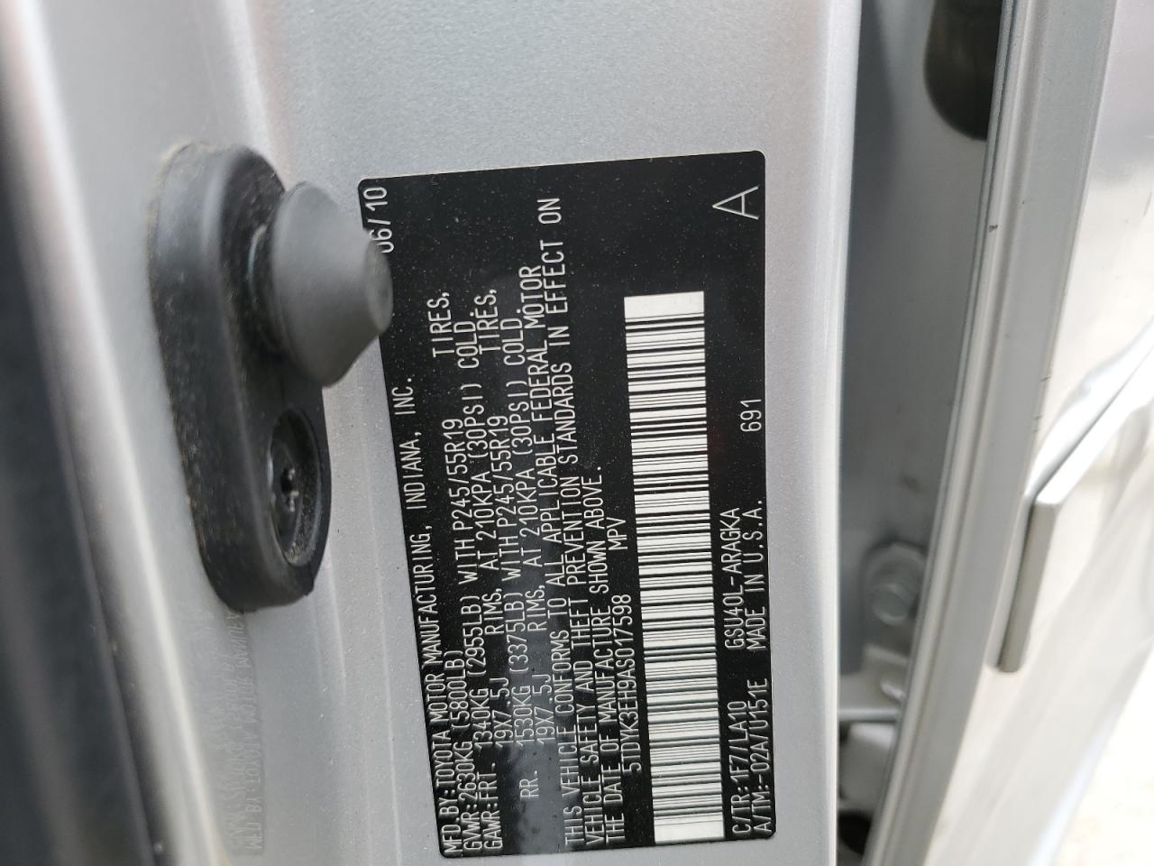 5TDYK3EH9AS017598 2010 Toyota Highlander Limited