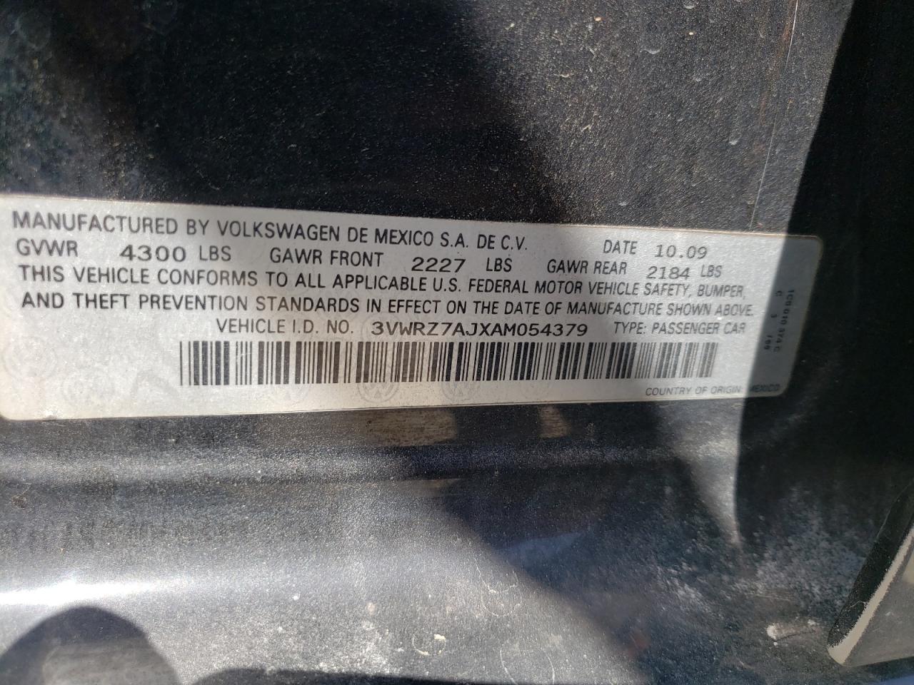 3VWRZ7AJXAM054379 2010 Volkswagen Jetta Se