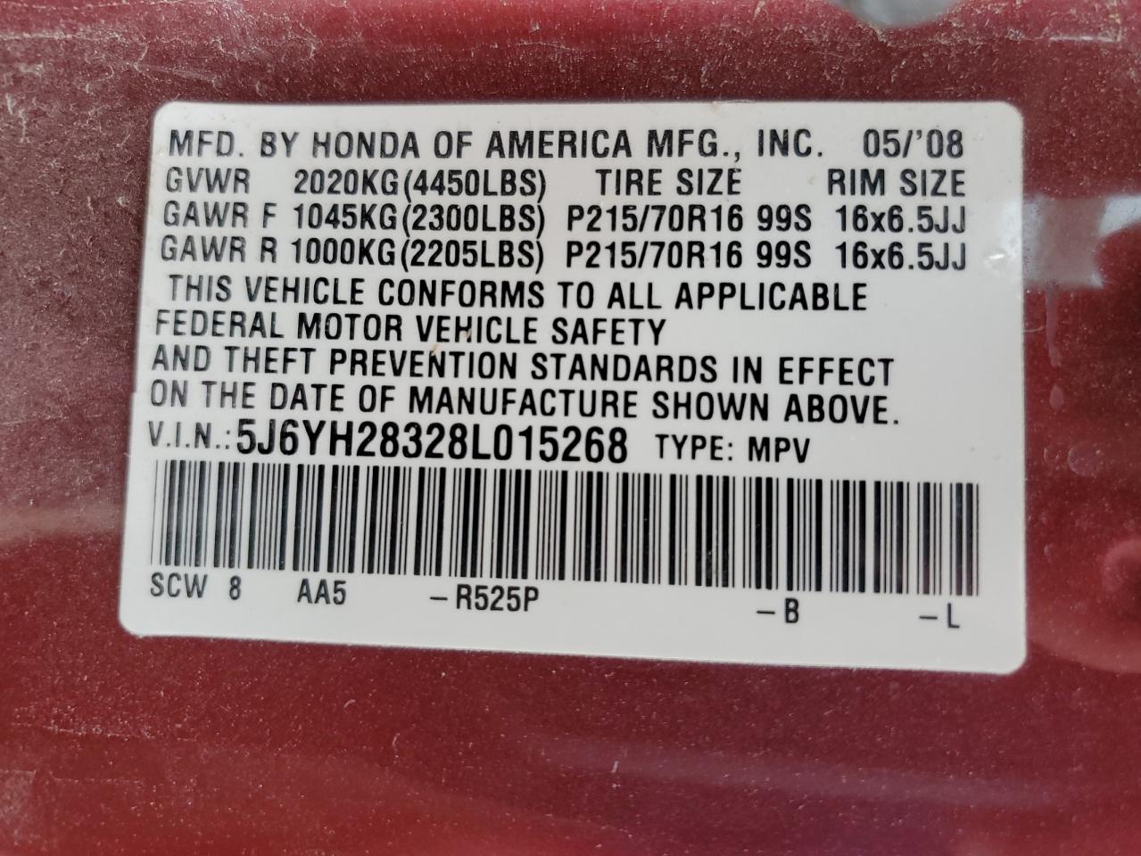 5J6YH28328L015268 2008 Honda Element Lx