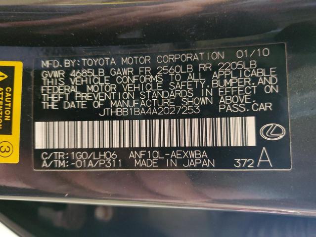 2010 Lexus Hs 250H VIN: JTHBB1BA4A2027253 Lot: 57268644