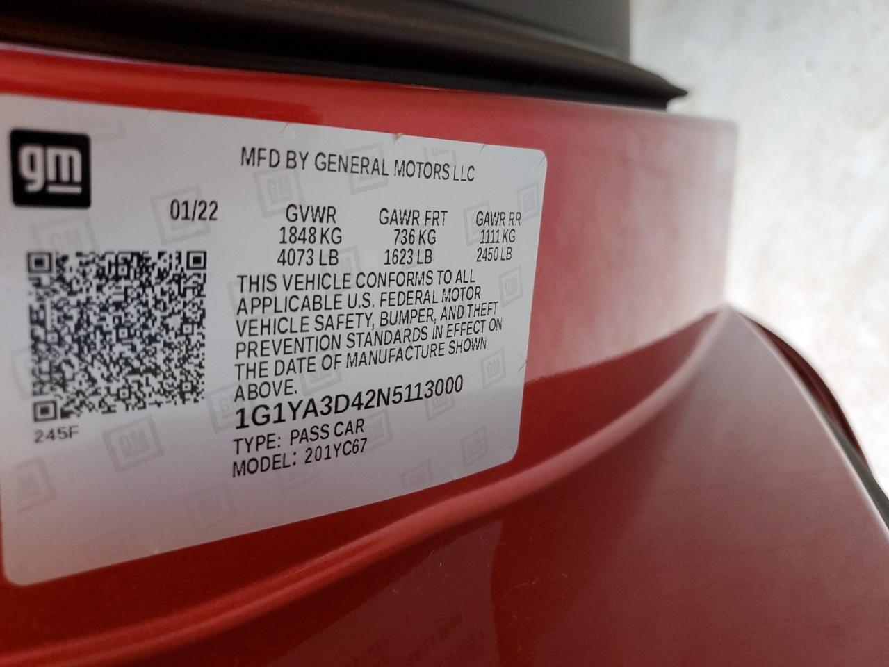 1G1YA3D42N5113000 2022 Chevrolet Corvette Stingray 1Lt