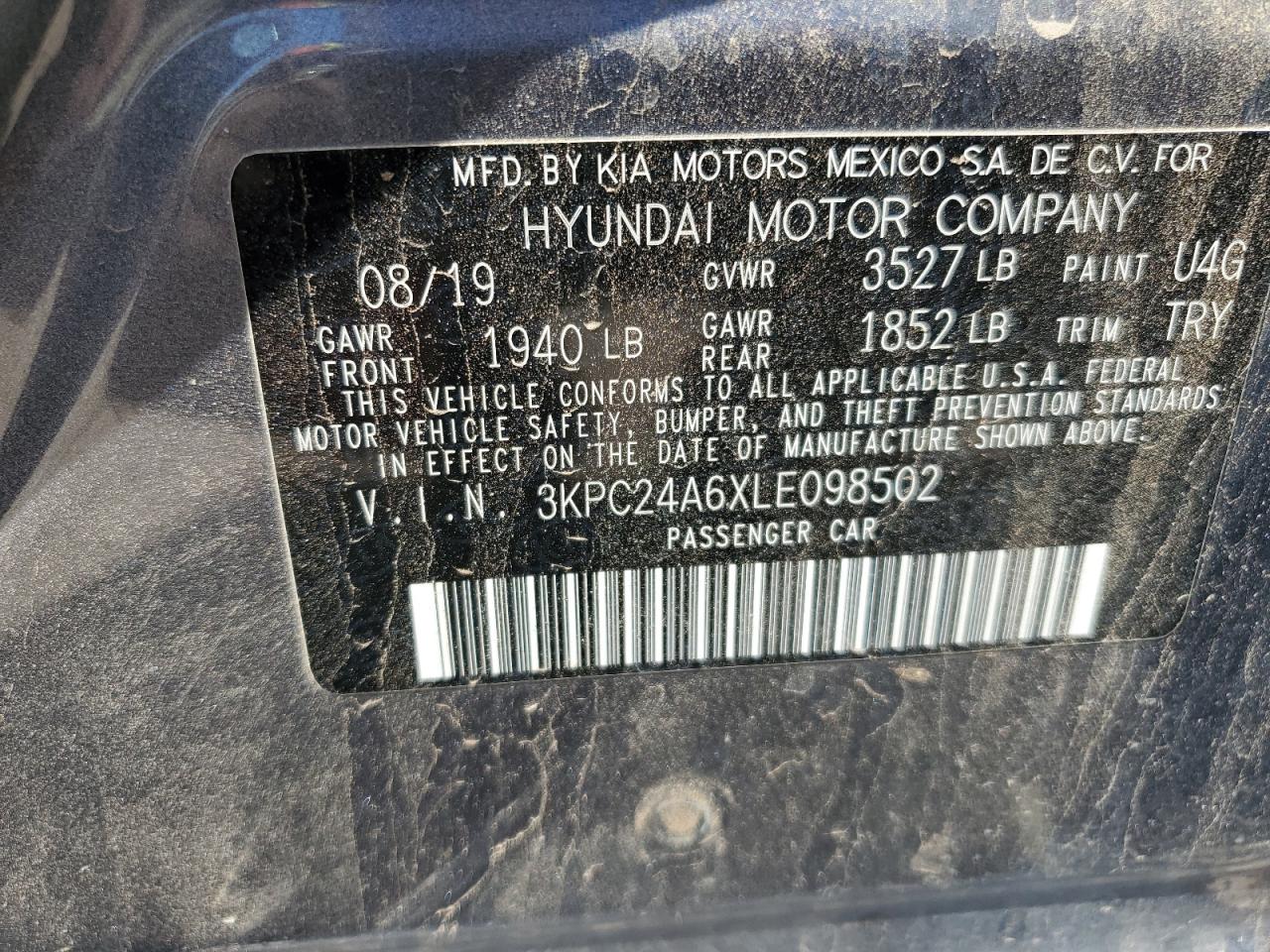 3KPC24A6XLE098502 2020 Hyundai Accent Se