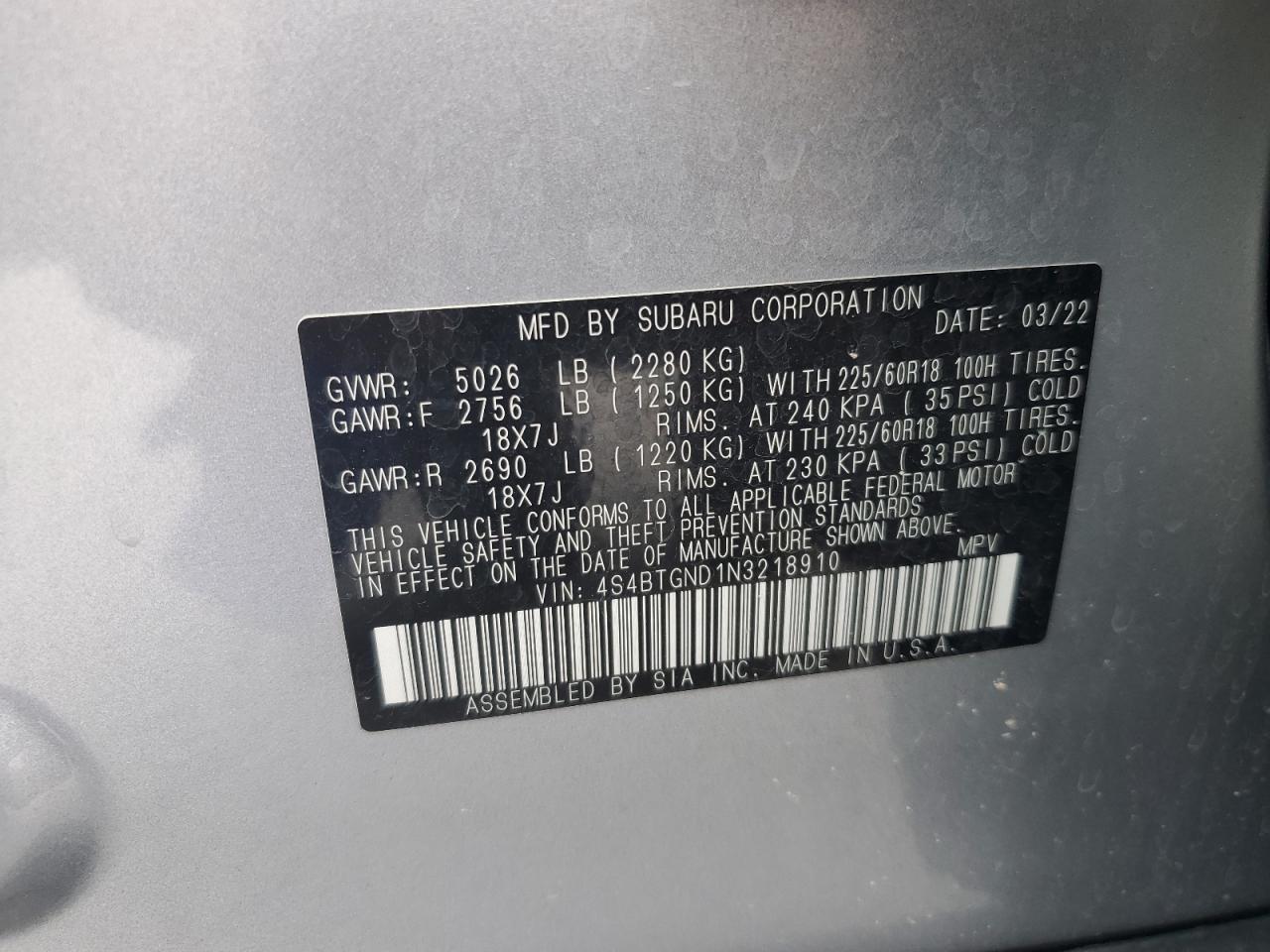 4S4BTGND1N3218910 2022 Subaru Outback Limited Xt