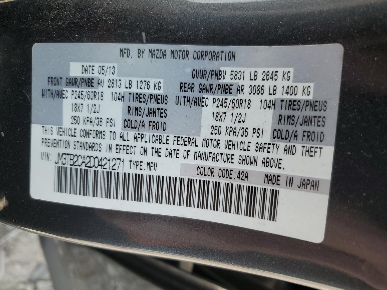 JM3TB2CA2D0421271 2013 Mazda Cx-9 Touring