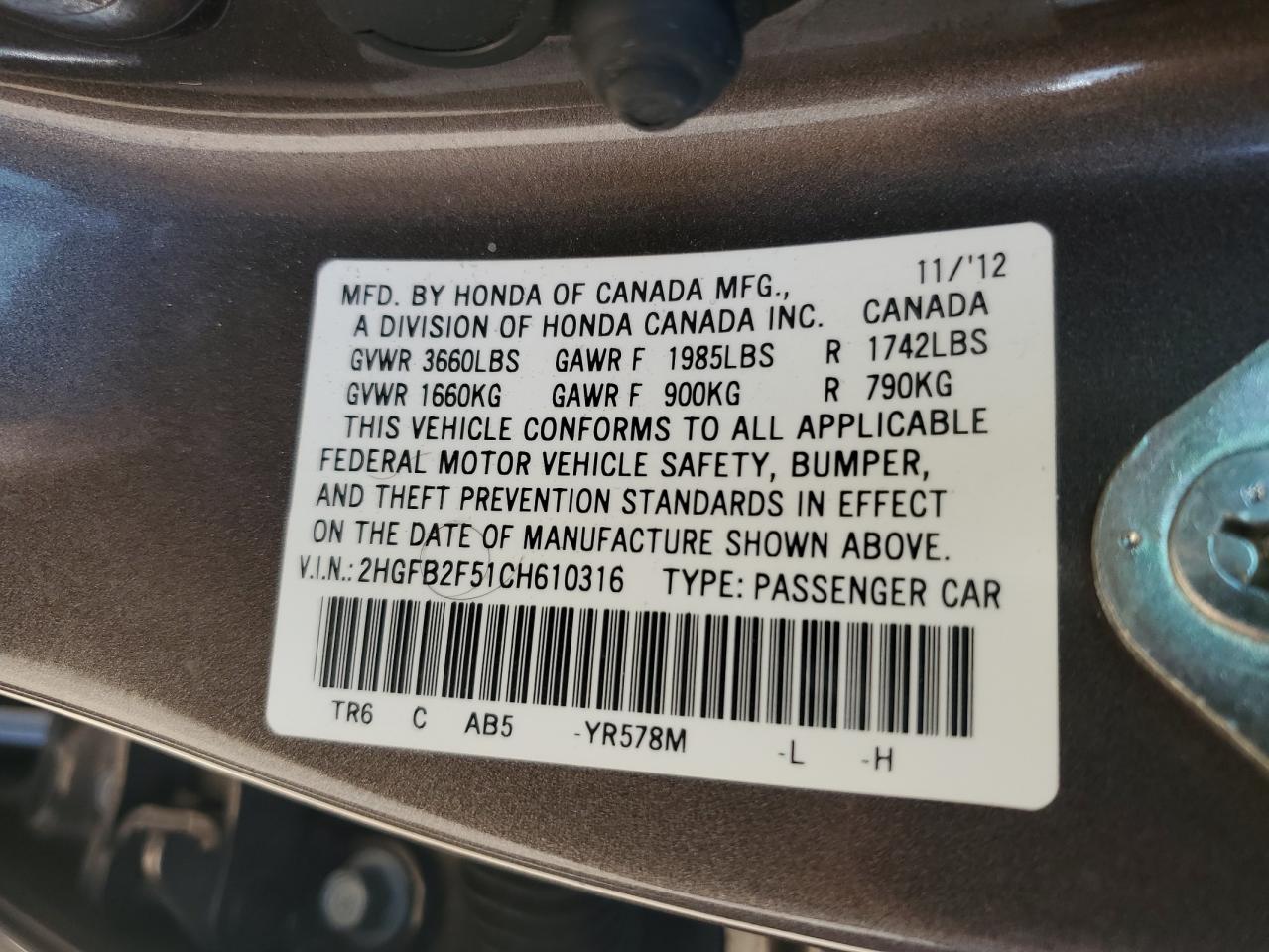 2HGFB2F51CH610316 2012 Honda Civic Lx