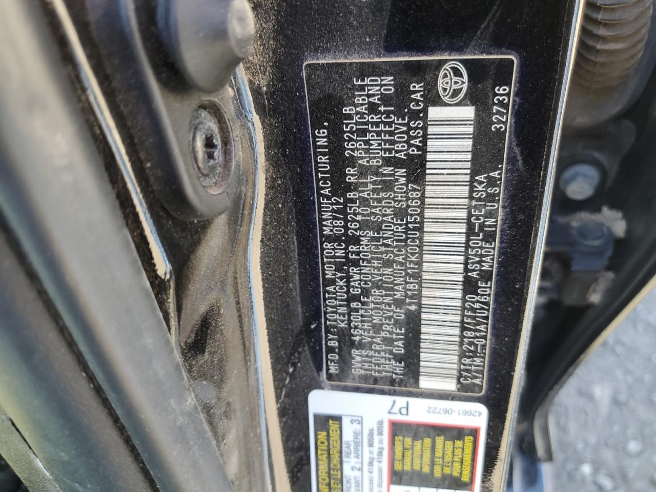 4T1BF1FK0CU150687 2012 Toyota Camry Base