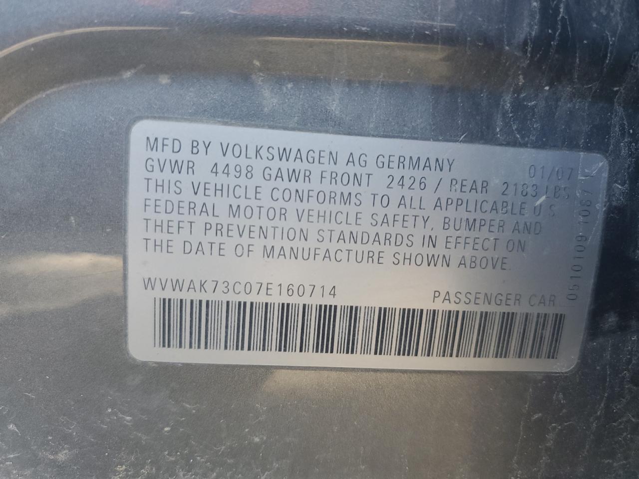 WVWAK73C07E160714 2007 Volkswagen Passat 2.0T