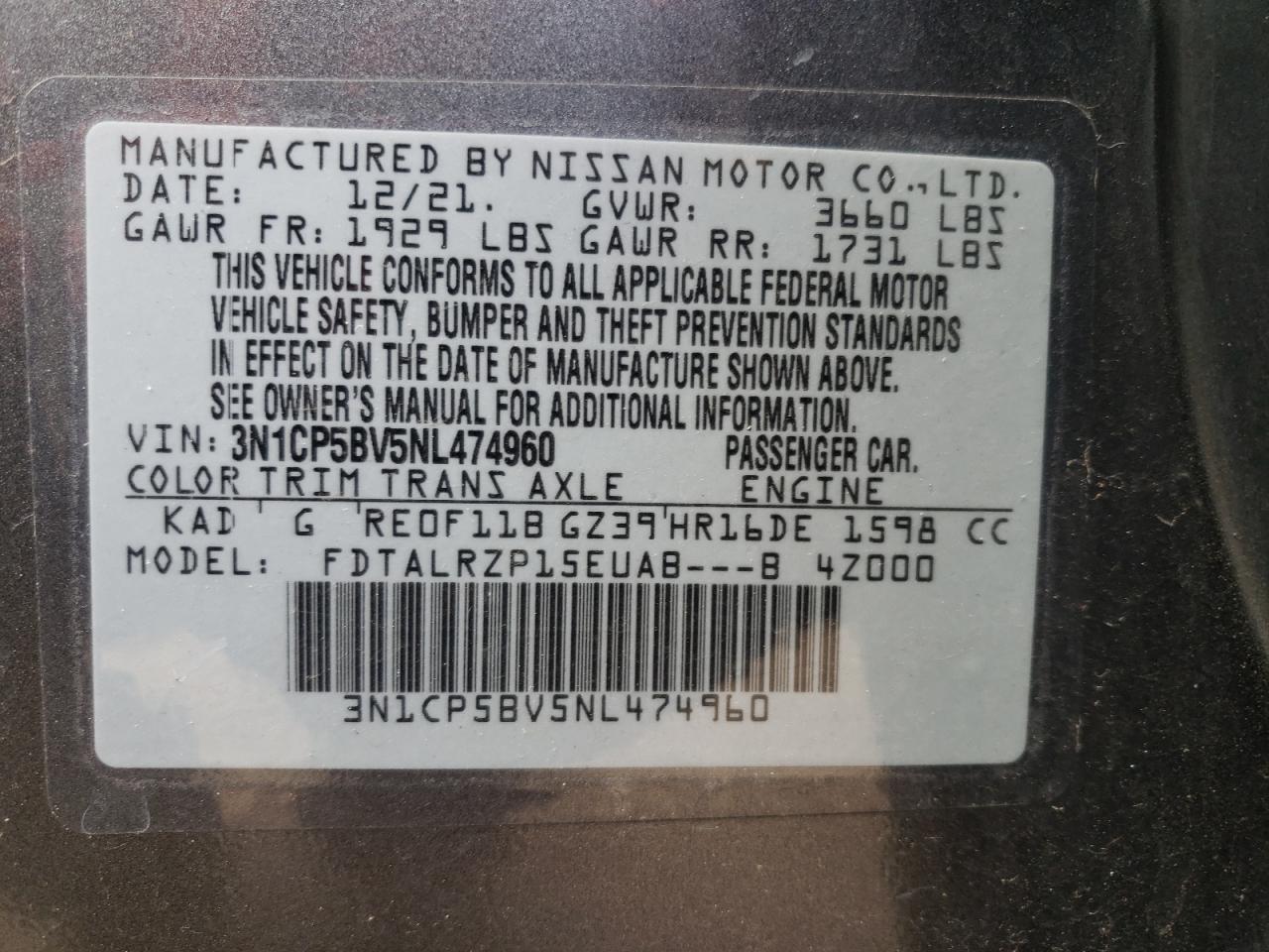 3N1CP5BV5NL474960 2022 Nissan Kicks S