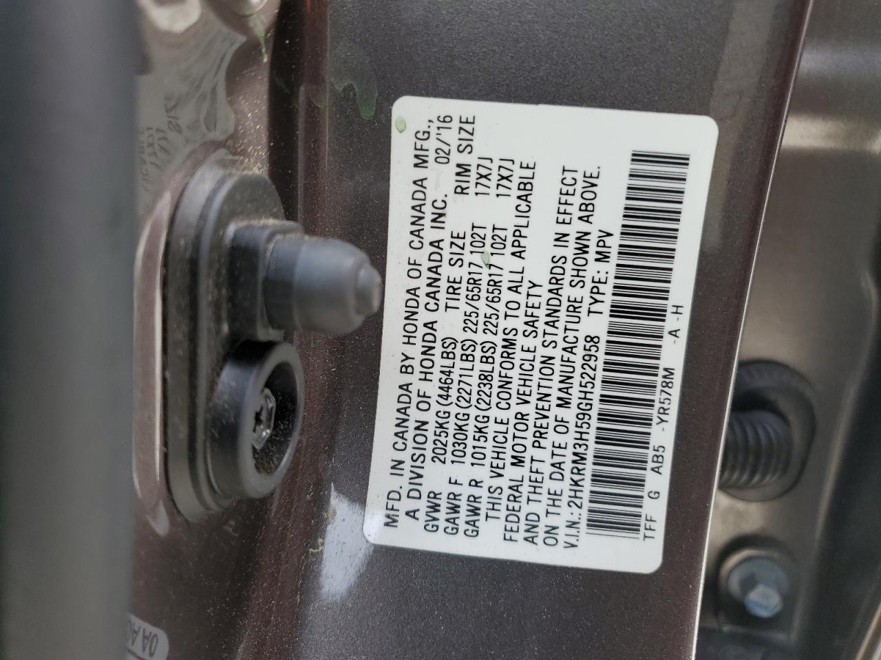 2HKRM3H59GH522958 2016 Honda Cr-V Ex