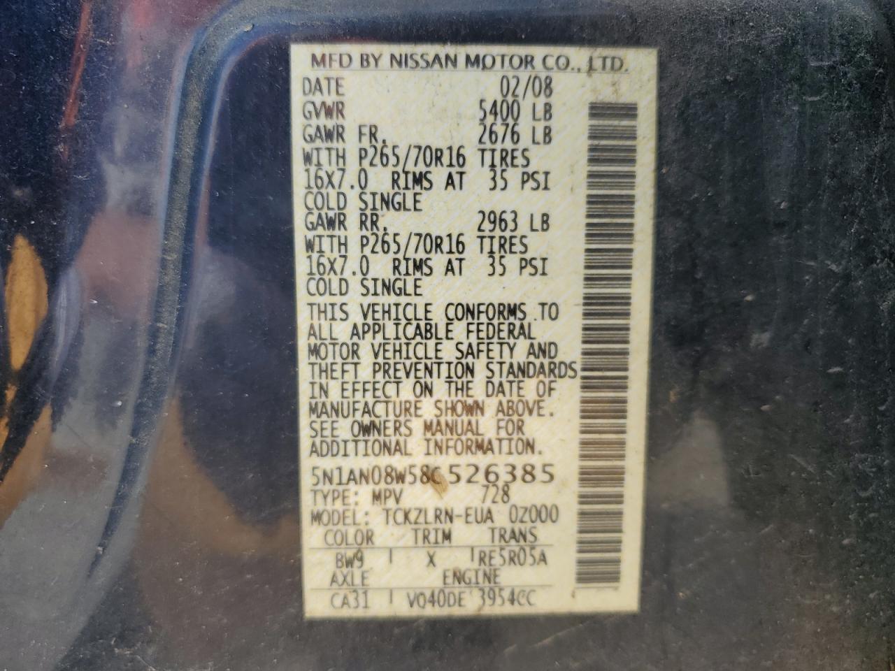 5N1AN08W58C526385 2008 Nissan Xterra Off Road