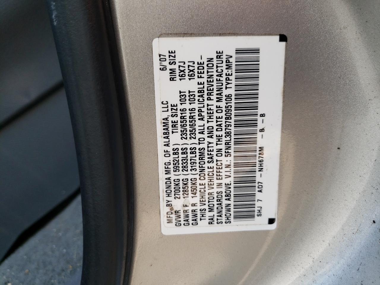 5FNRL38797B095106 2007 Honda Odyssey Exl