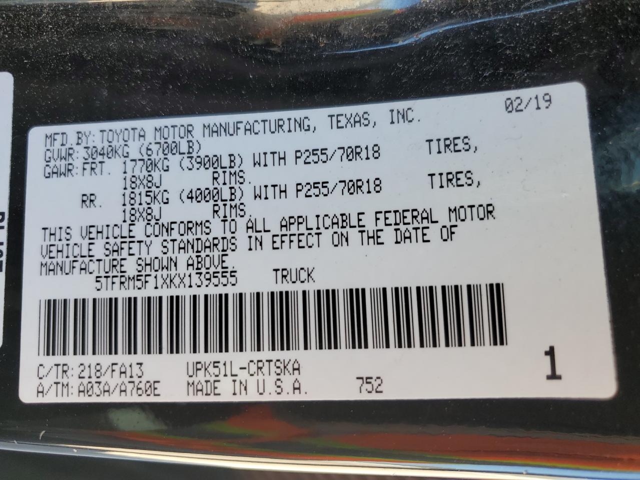 5TFRM5F1XKX139555 2019 Toyota Tundra Double Cab Sr/Sr5