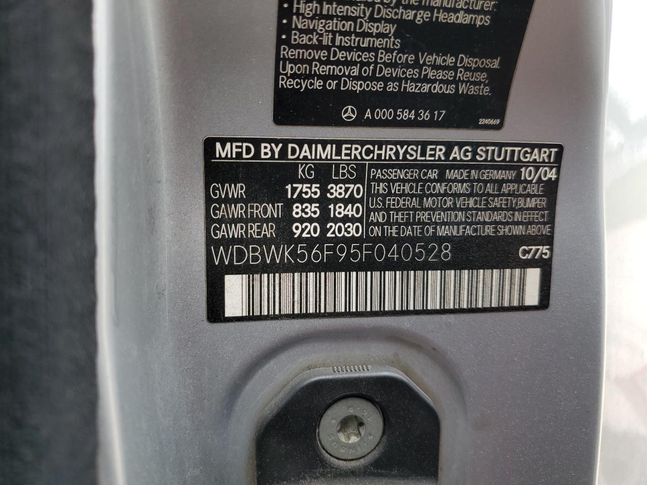 WDBWK56F95F040528 2005 Mercedes-Benz Slk 350