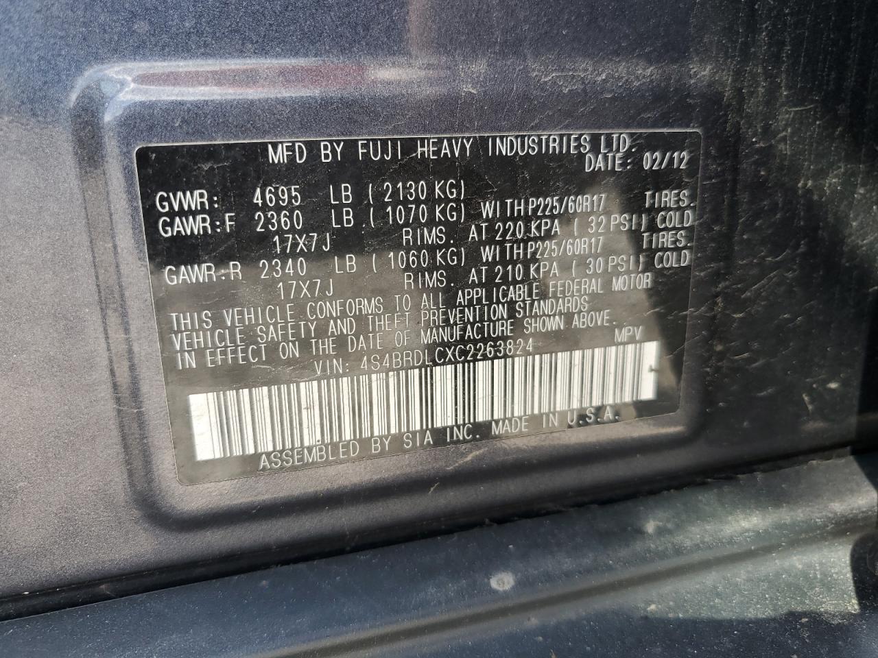 4S4BRDLCXC2263824 2012 Subaru Outback 3.6R Limited