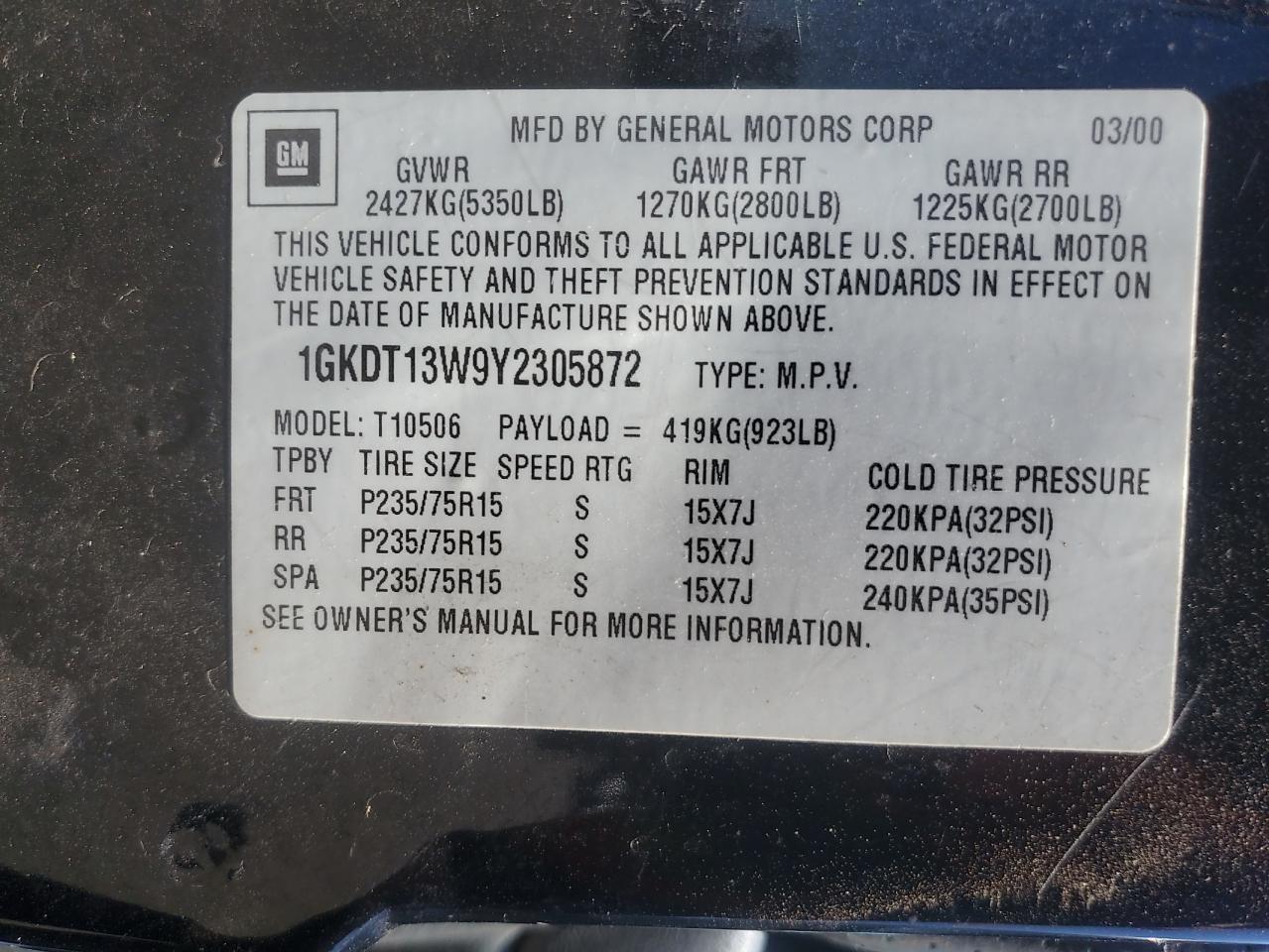 1GKDT13W9Y2305872 2000 GMC Jimmy / Envoy