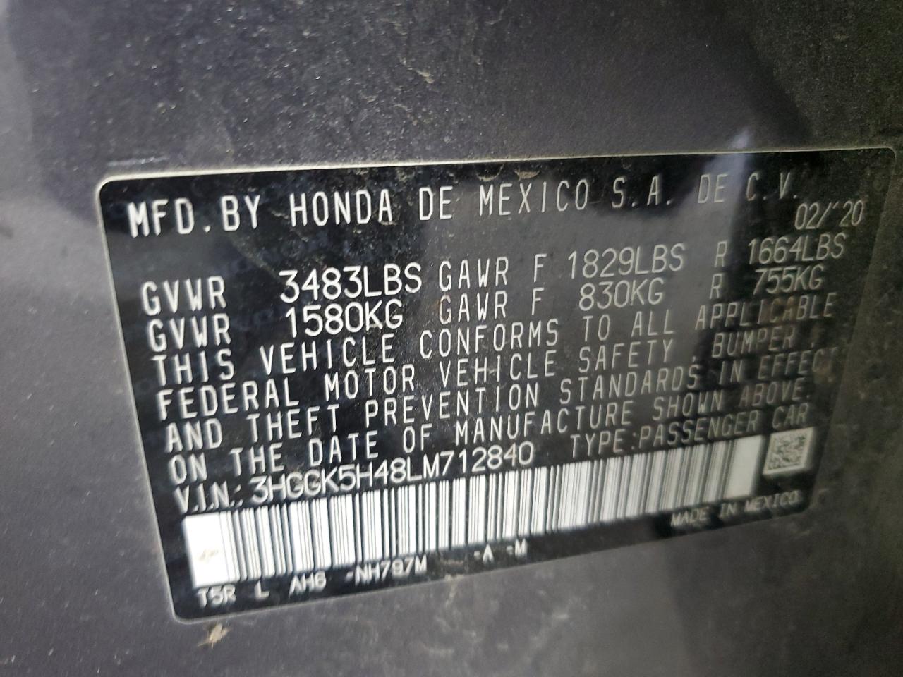 3HGGK5H48LM712840 2020 Honda Fit Lx