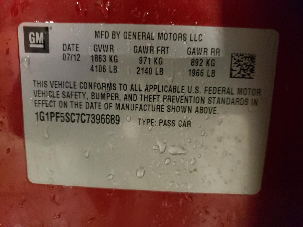 1G1PF5SC7C7396689 2012 Chevrolet Cruze Lt