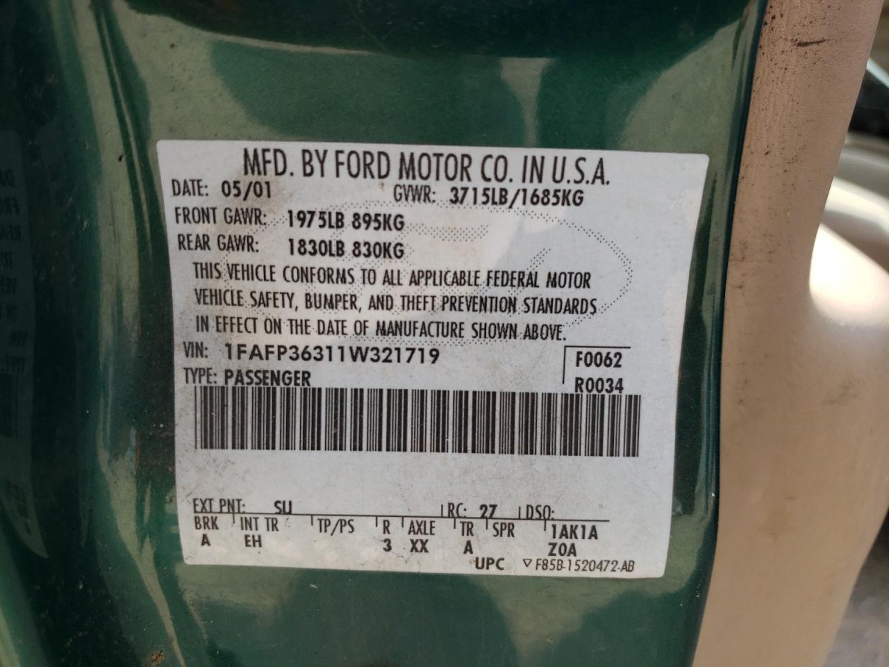 1FAFP36311W321719 2001 Ford Focus Se