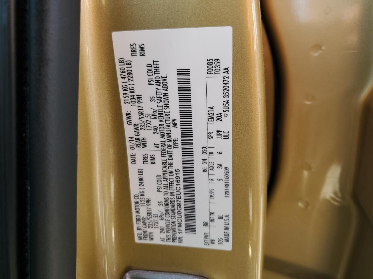 1FMCU0G97EUC16915 2014 Ford Escape Se