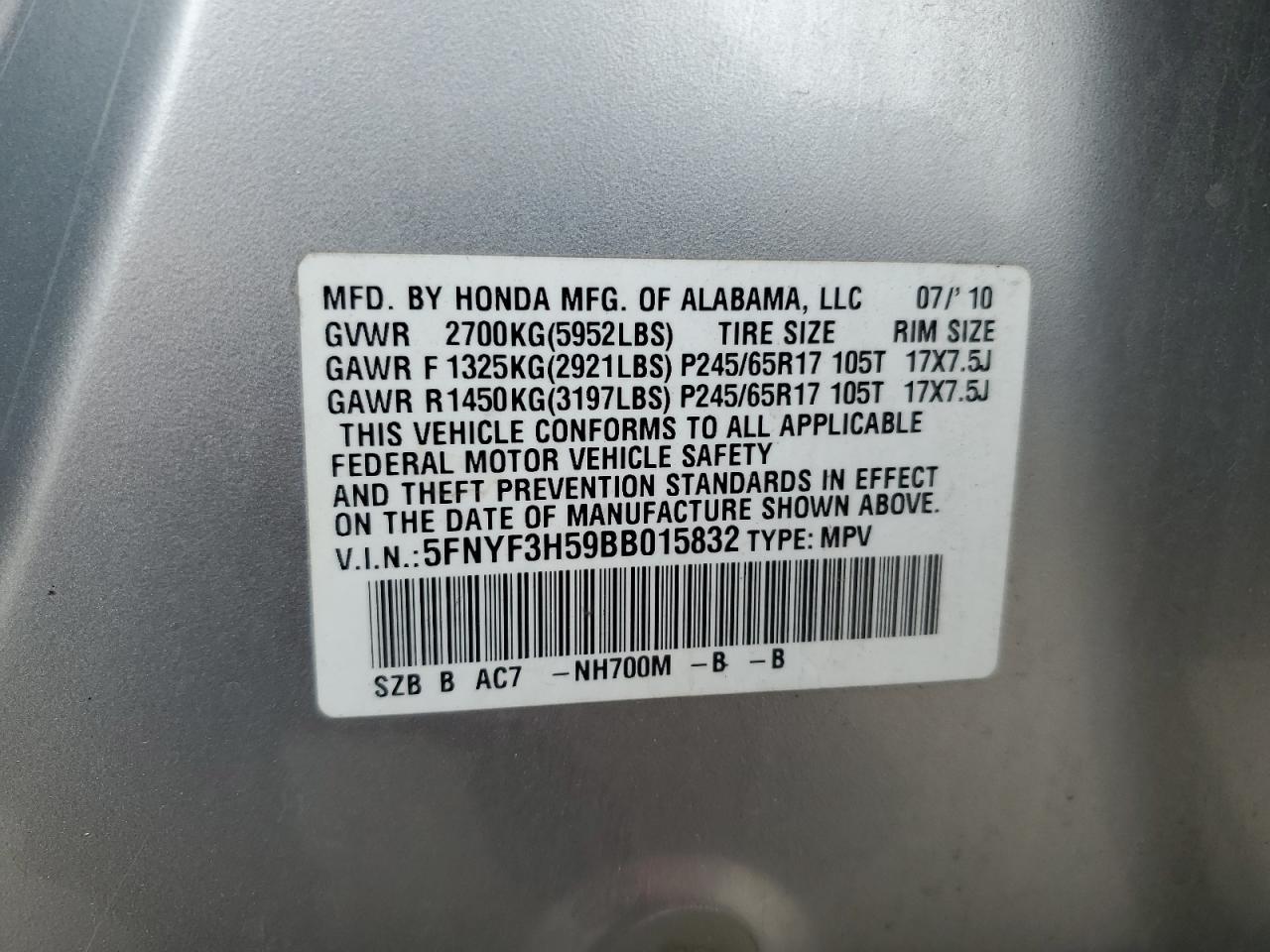 5FNYF3H59BB015832 2011 Honda Pilot Exl
