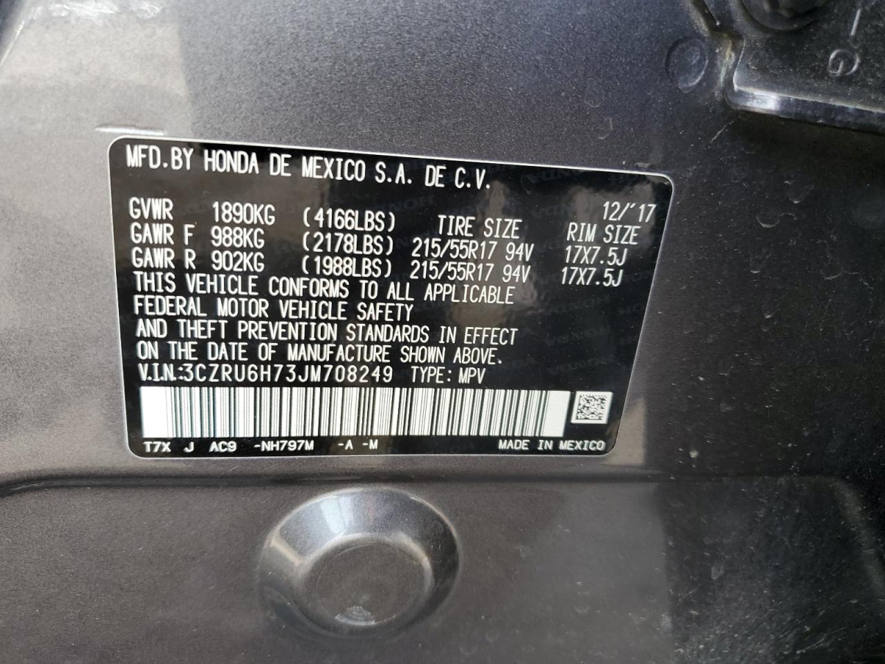 3CZRU6H73JM708249 2018 Honda Hr-V Exl