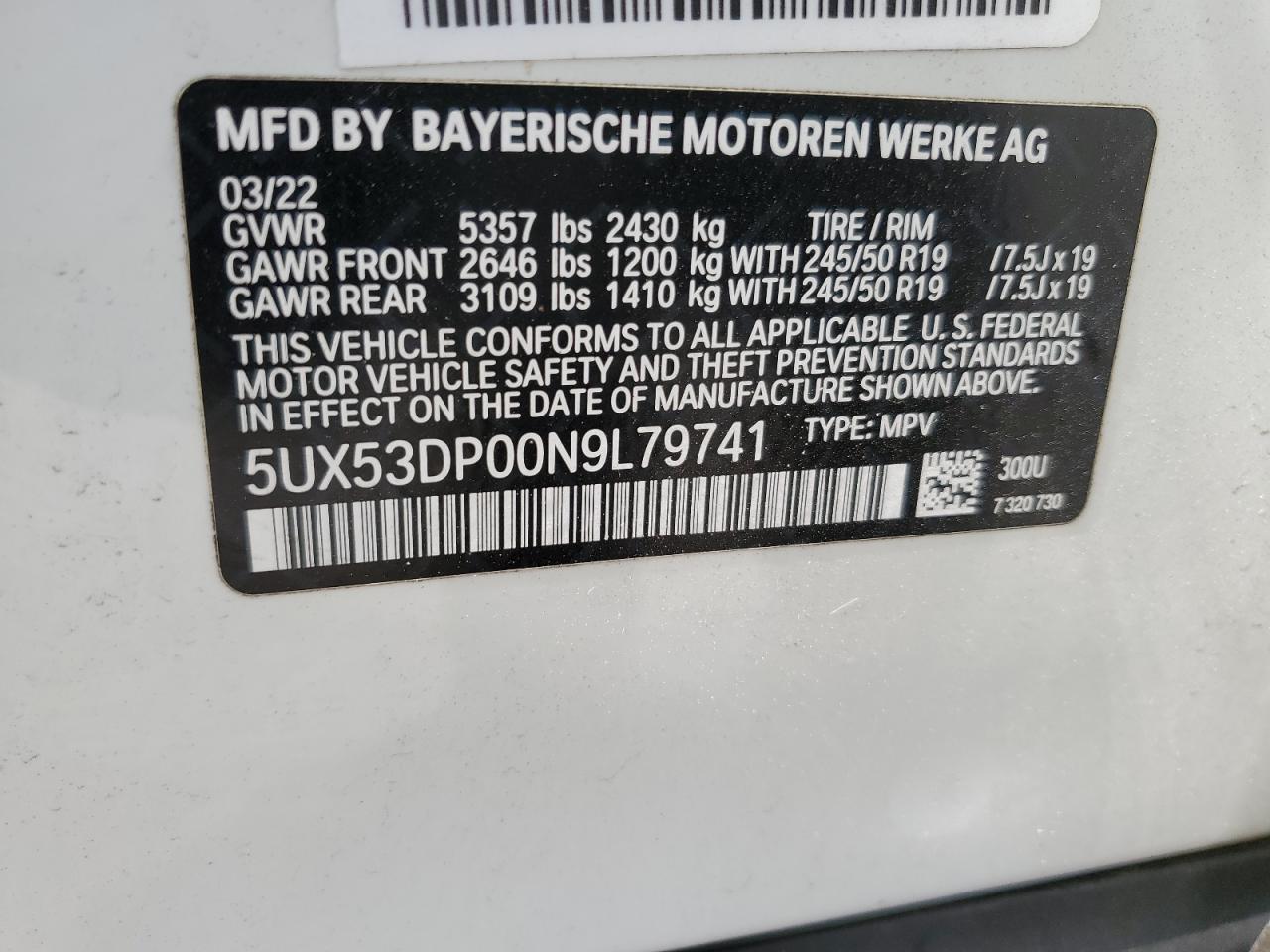 5UX53DP00N9L79741 2022 BMW X3 xDrive30I