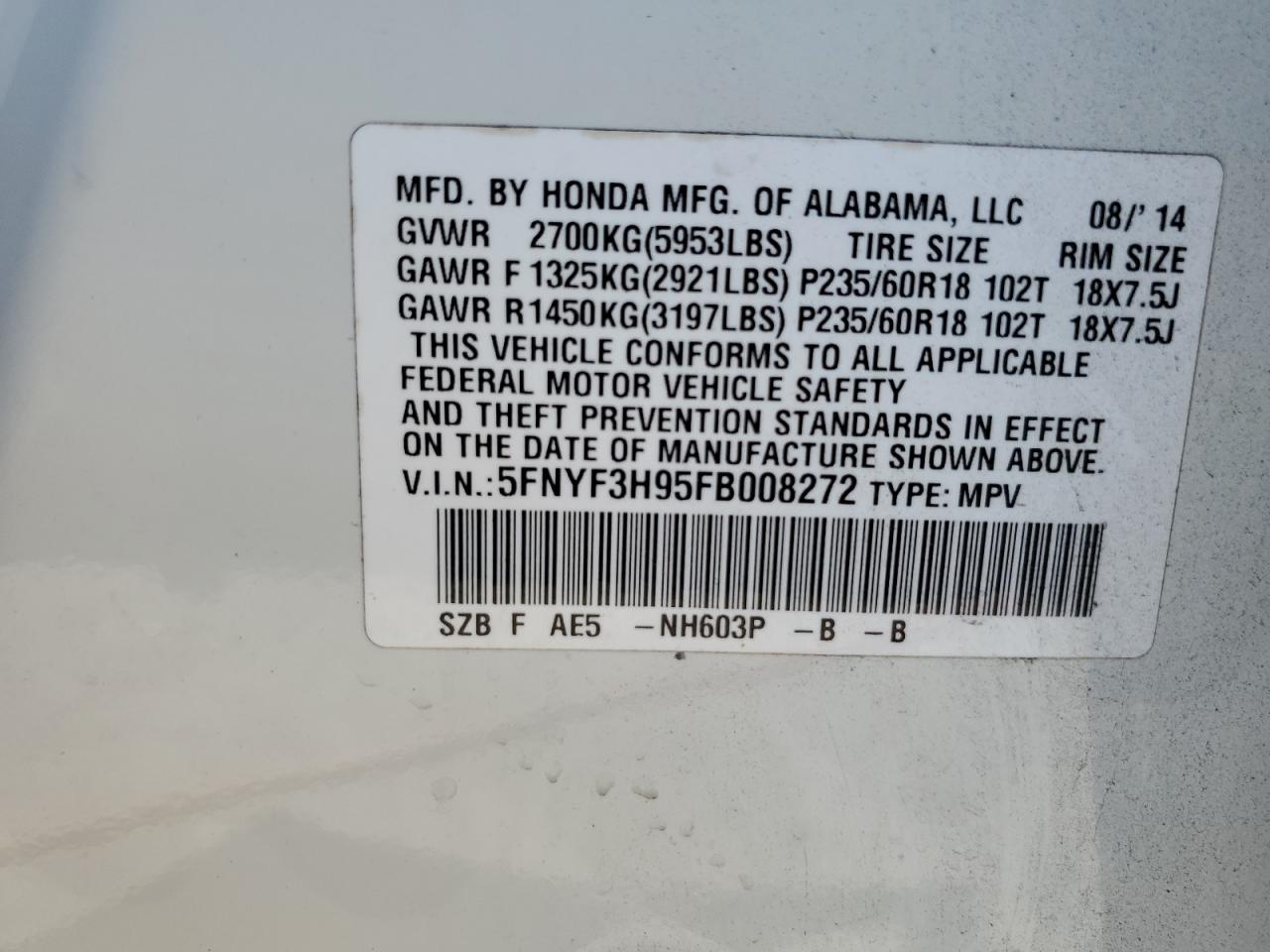 5FNYF3H95FB008272 2015 Honda Pilot Touring