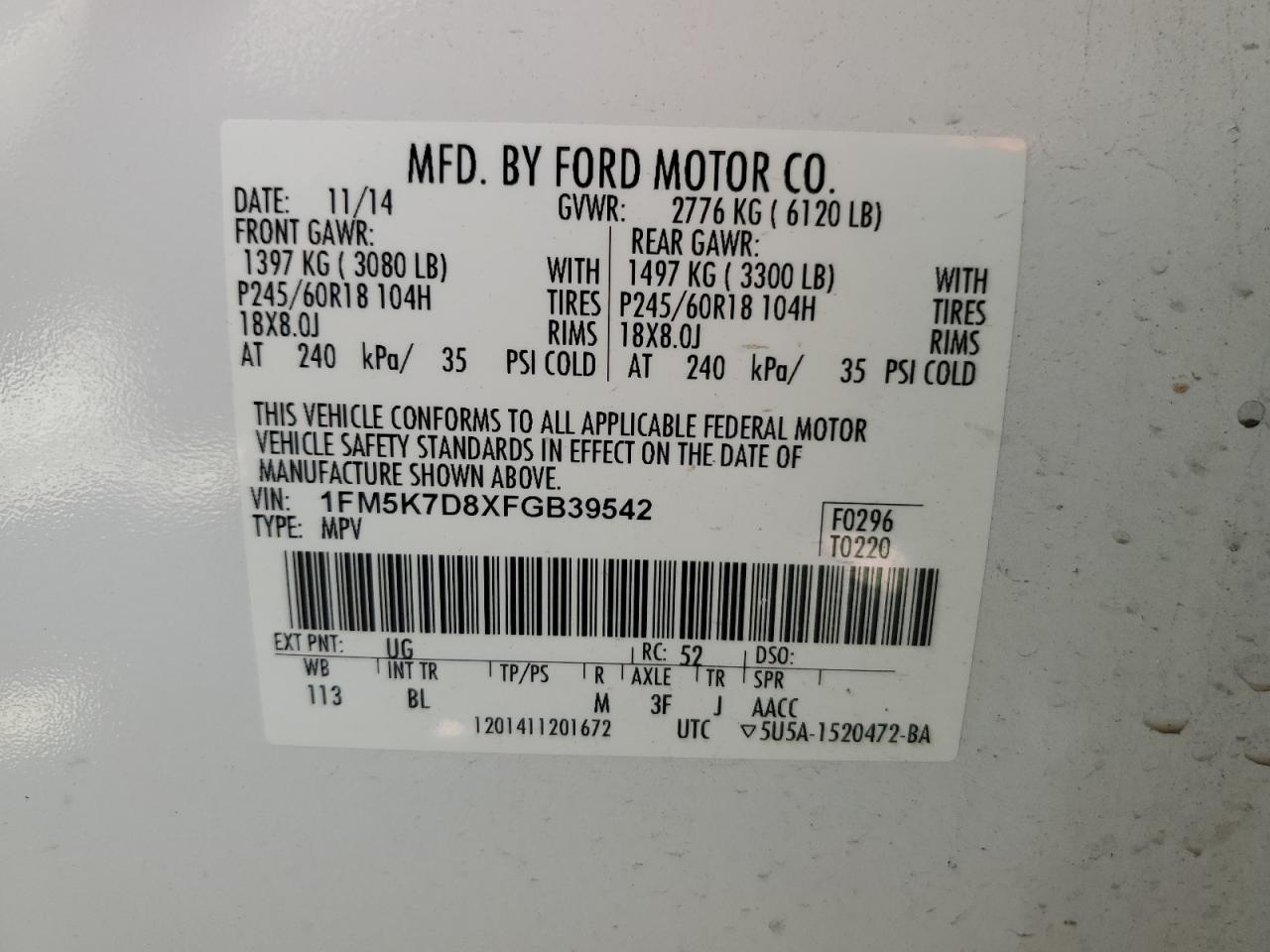 1FM5K7D8XFGB39542 2015 Ford Explorer Xlt