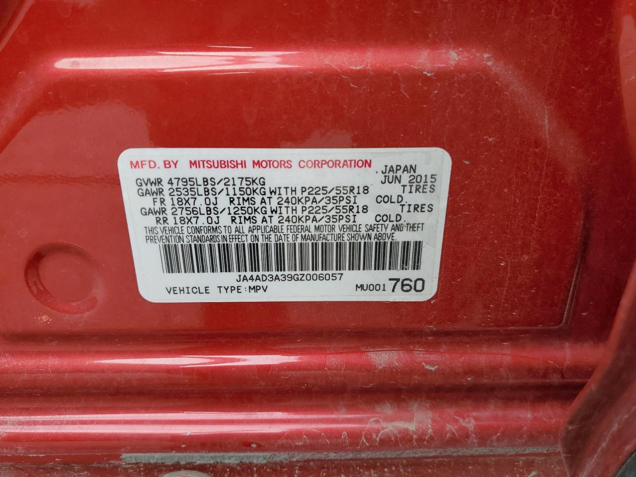 JA4AD3A39GZ006057 2016 Mitsubishi Outlander Se