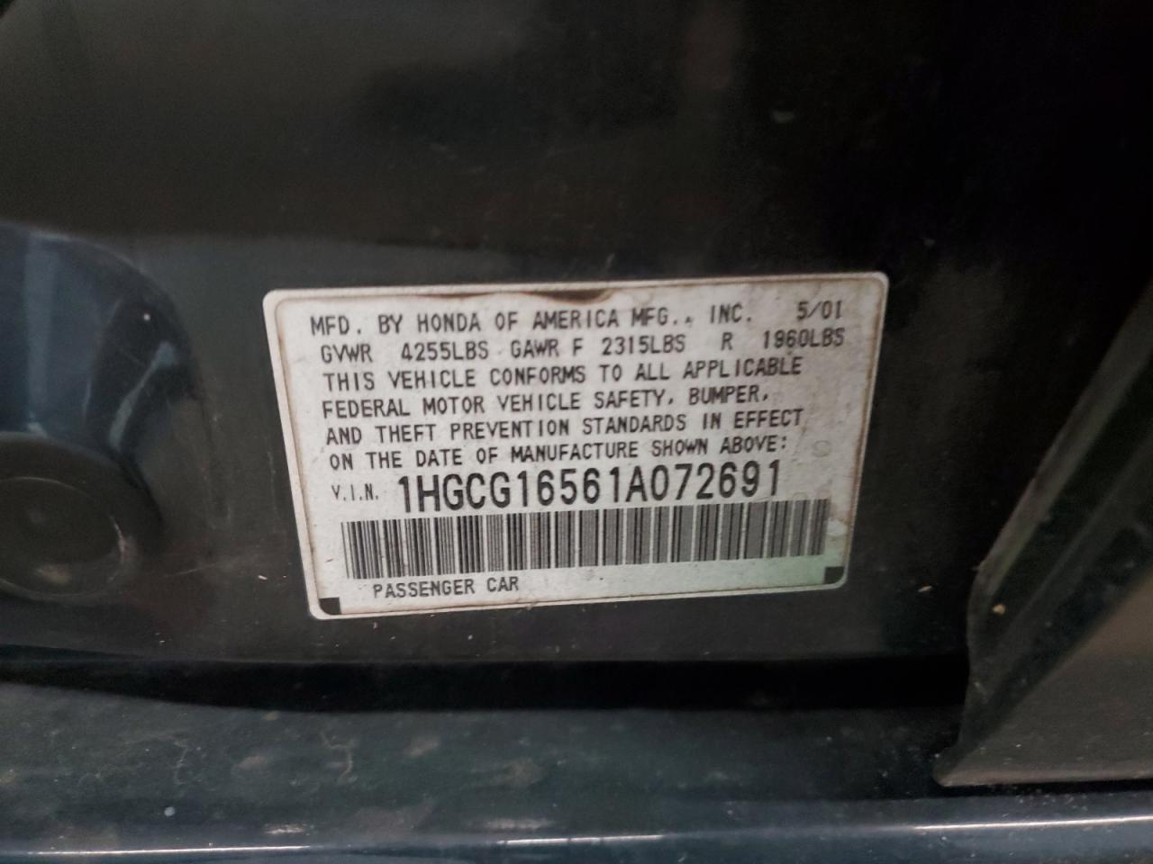 1HGCG16561A072691 2001 Honda Accord Ex