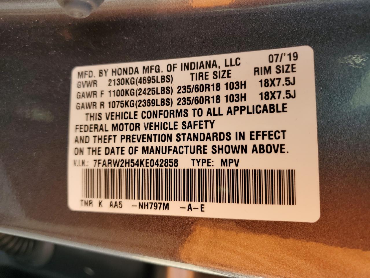 7FARW2H54KE042858 2019 Honda Cr-V Ex