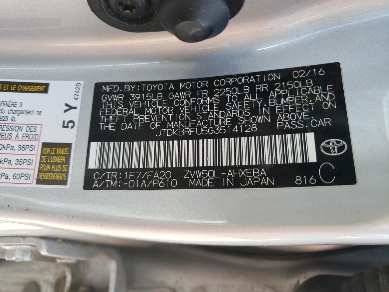 JTDKBRFU5G3514128 2016 Toyota Prius